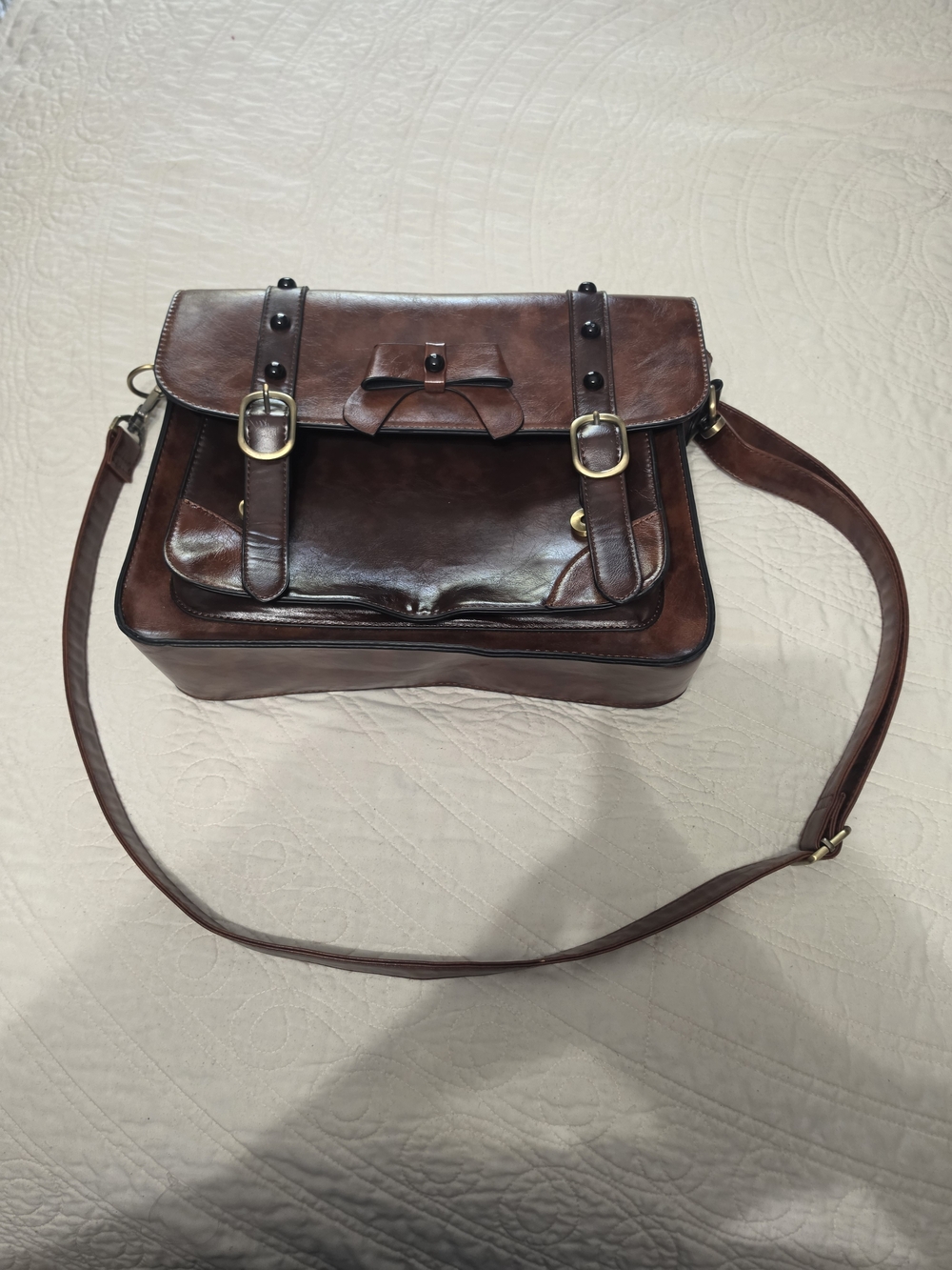 Vintage Brown Leather Bow-Accent Crossbody Mesenger Bag